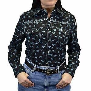 NEW COWBOY HARDWARE women's branding irons print shirt in black
